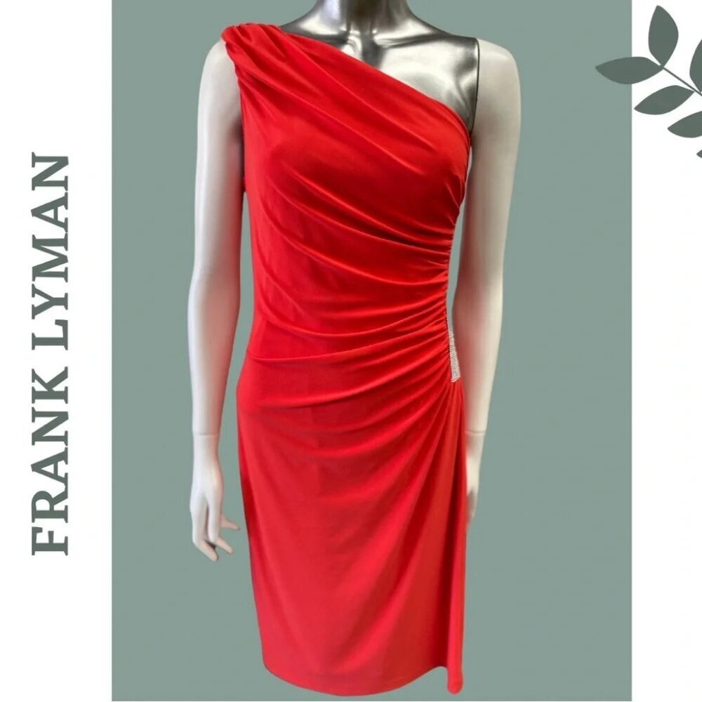 Frank Lyman One Shoulder Ruched Dress with Rhinestone Side Detail Orange Size 8